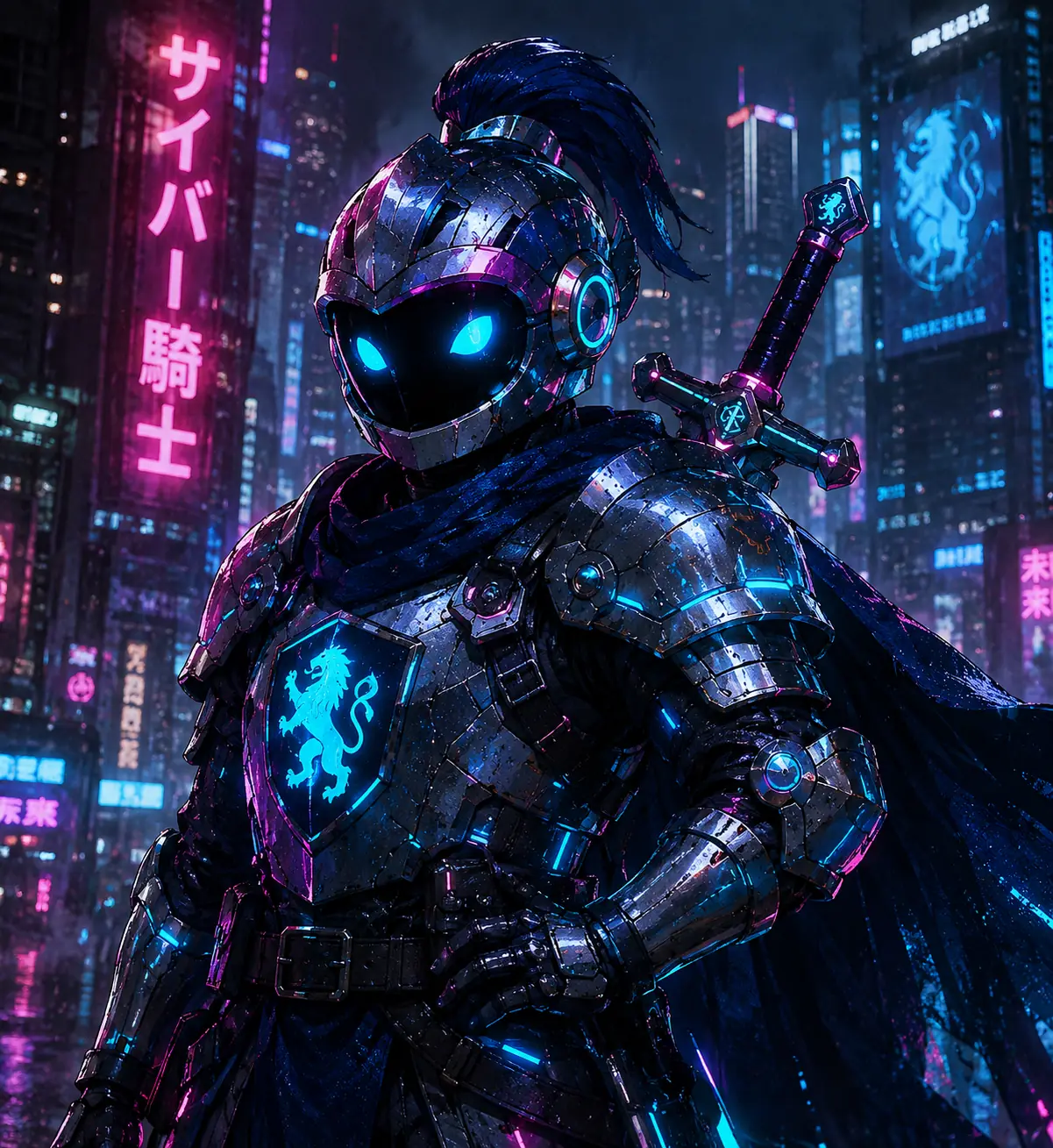 Lancelot as a cyber knight: chrome armour with a cyan visor, lion shield, neon city behind him